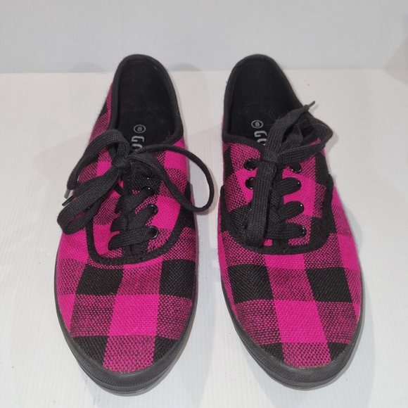 Mambo Goddess Fuschia Pink & Black Plaid Sneakers, Size 8 Retro - Picture 2 of 11